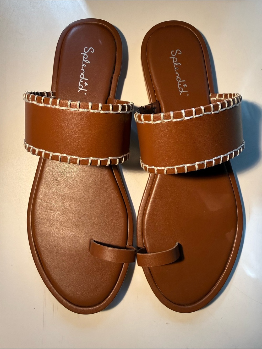 Splendid Brown Leather Slide Sandals with White Whipstitch Trim